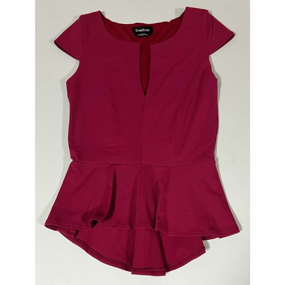 Bebe Red Burgundy Maroon V-Neck Peplum Shirt Top Blouse Size S/M ♥️ #y2k #peplum